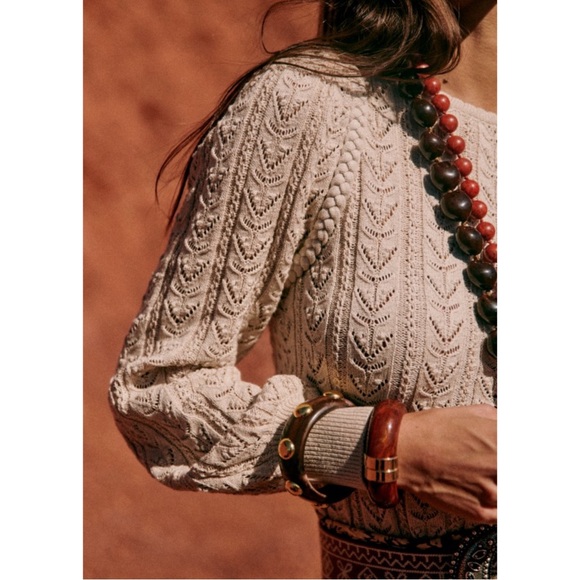 SEZANE Neutral Beige Crochet Cotton Knit Braided Balloon Sleeve Maxen Sweater - Picture 4 of 15